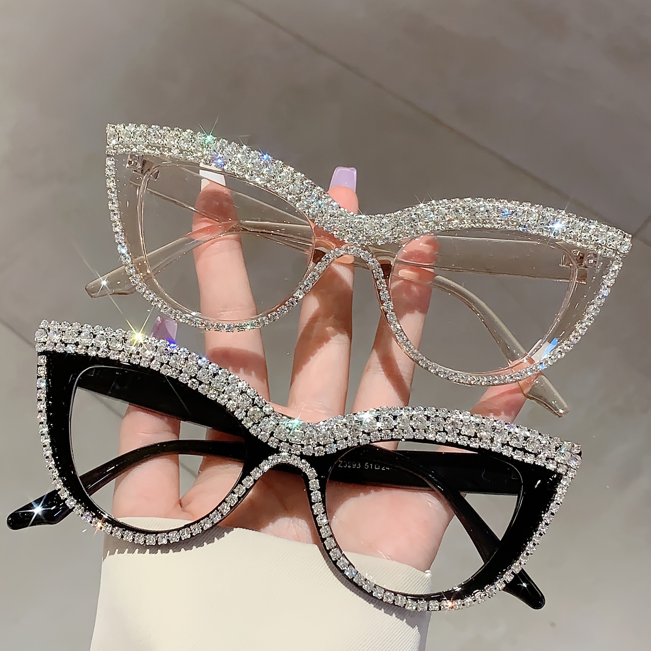 

2pcs Women Oversize Cat Eye Glasses Clear Lenses Glasses Fashion Rhinestone Design Trendy Cute Solid Color Glasses