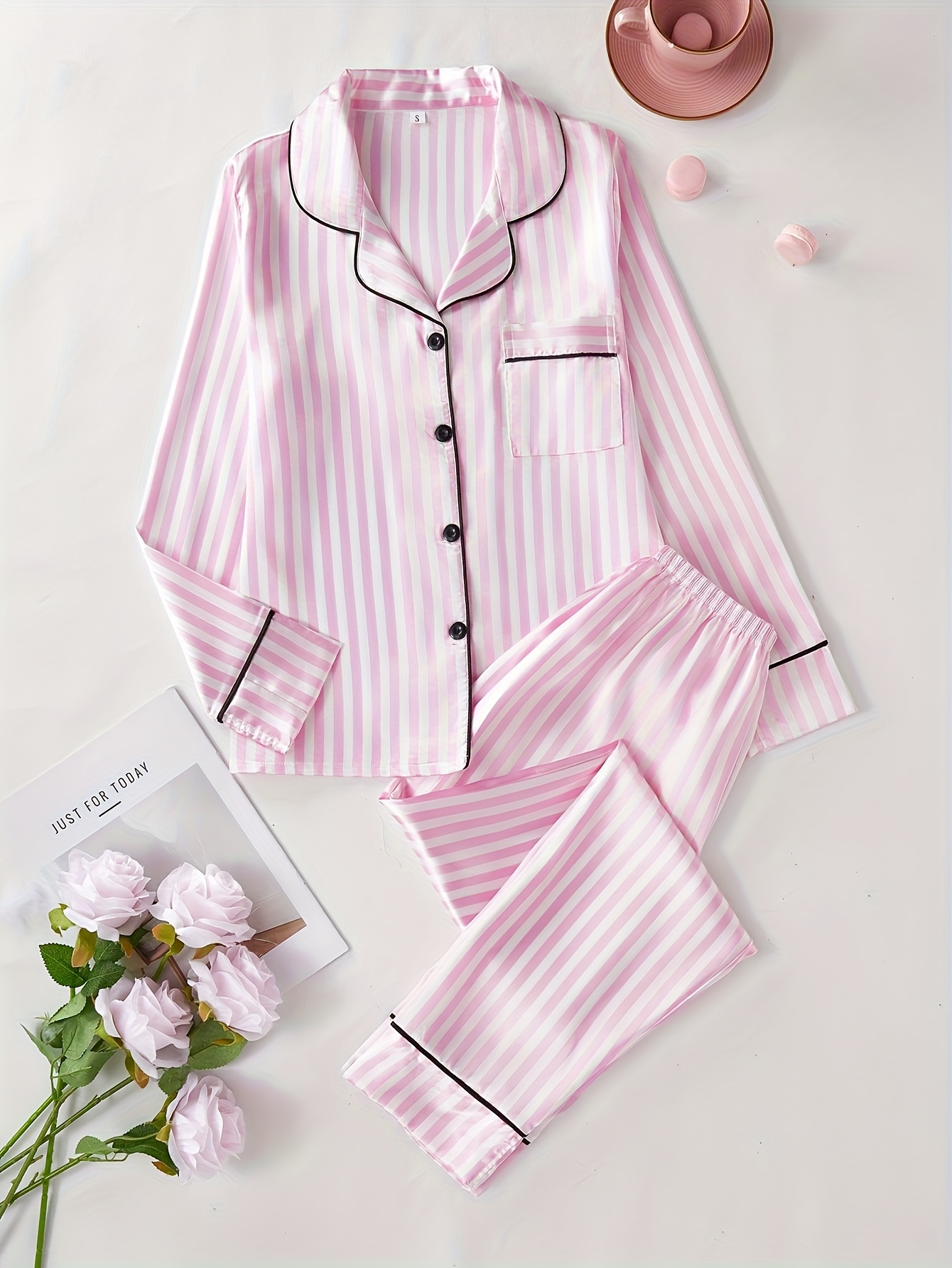 teenage elegant striped pajamas long sleeve button top and trousers sleepwear set nightgown and loungewear