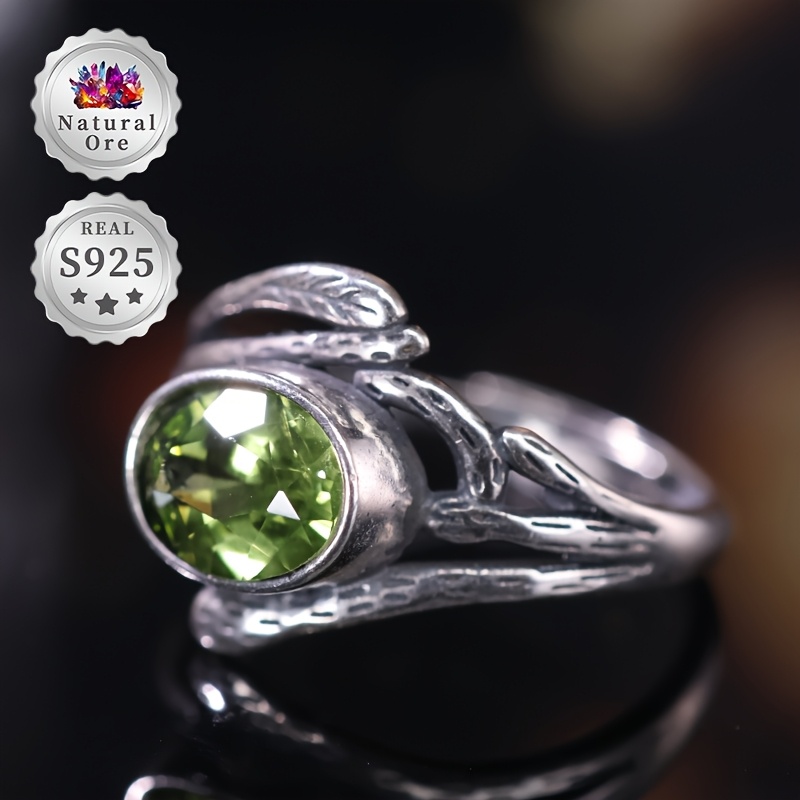 Women's Adjustable 925 Silver Green Peridot Ring, Exquisite Gift