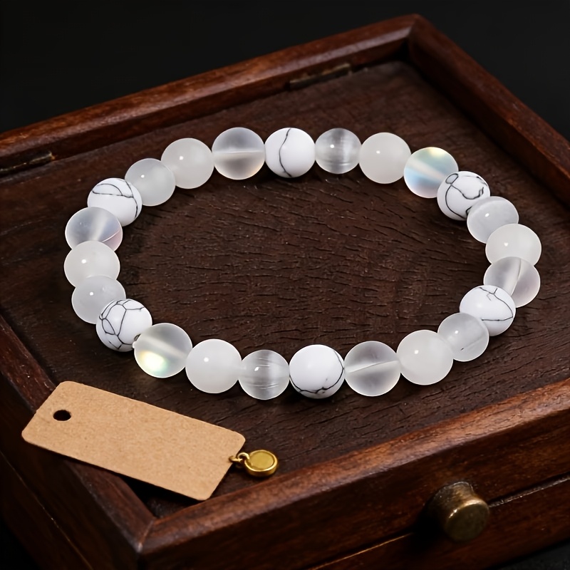 TEMU 1pc Bijou de Style Bohème, Conçu avec de la Turquoise Blanche de 8mm et de , Accessoire Élastique Fait Main. Parfait pour un Port Toute l'Année,