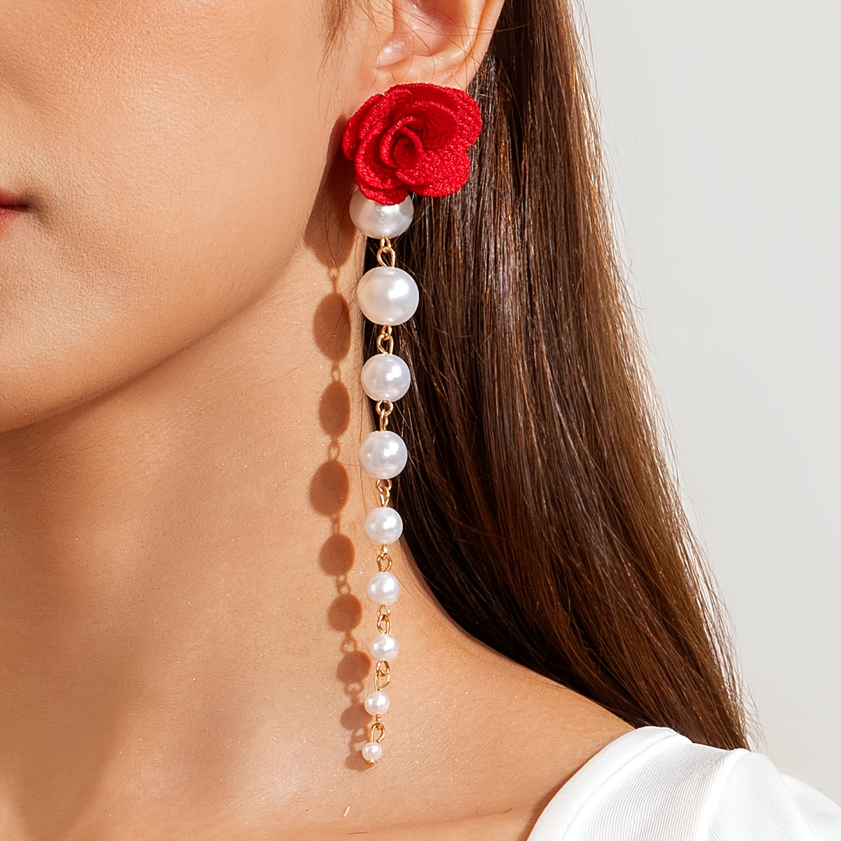 1 Pair Of Elegant Simulated Rose Flower Earrings With White Tassel Drop Style, Ideal Holiday Gift For Women, Versatile Jewelry Suitable For Banquets, Valentine's Day, Dates