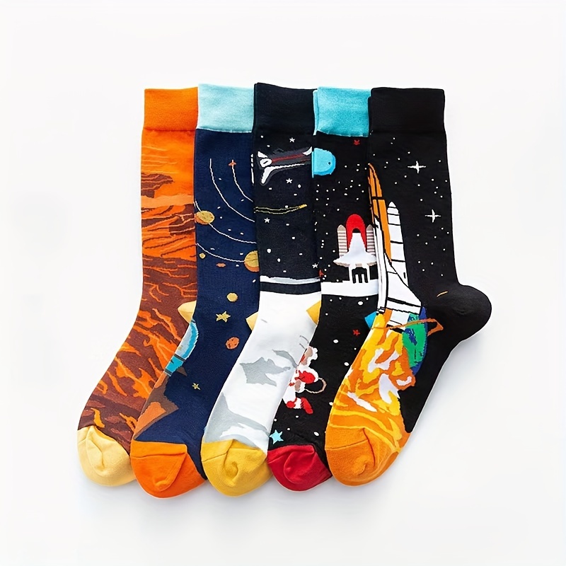 

5pcs Men's Breathable Cartoon Astronaut Crew Socks - Comfy & Stylish Mid-calf Length, Polyester-spandex , Machine Washable, Fall/winter