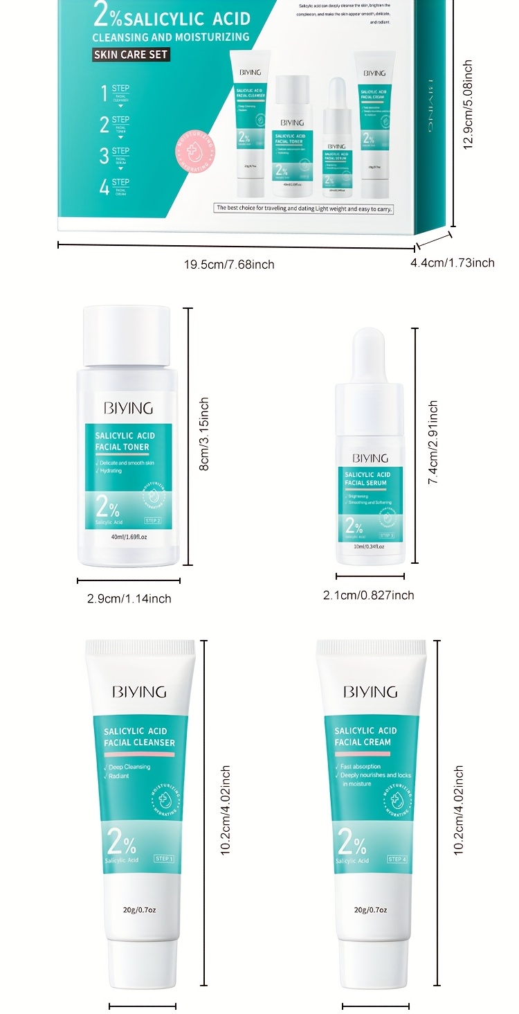 A Skincare Set Featuring 2% Salicylic Acid That Includes a Facial Cleanser, Toner, Essence, And Cream, Perfect for Women. Ideal for Travel During Spring And Summer, This Korean Formula Makes a Great Valentine'S Day Gift for Girlfriends, Wives