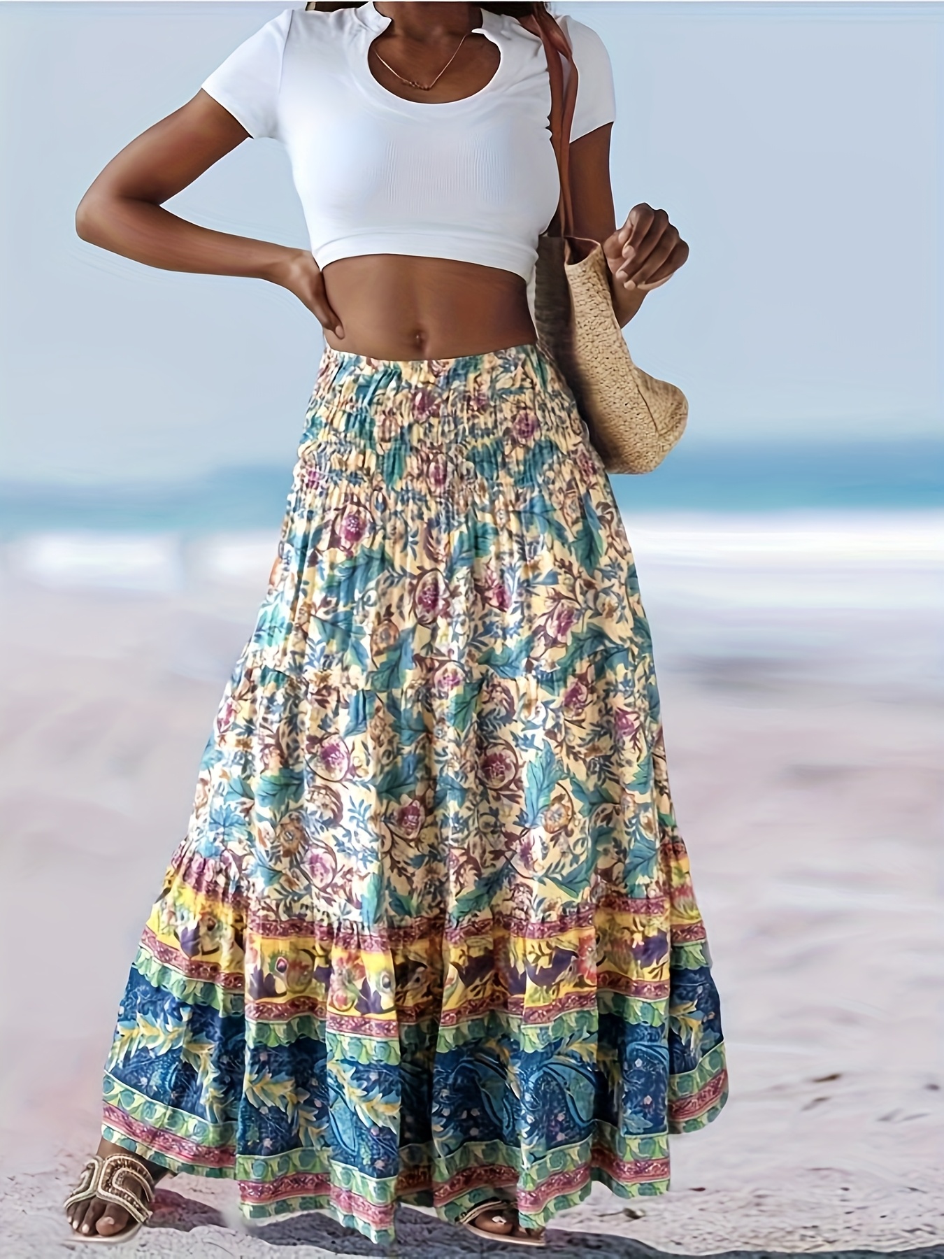 Jupe Bohème Femme Imprimé Fleurs – Portefeuille Taille Haute – Mi-longue évasée – Automne Hiver