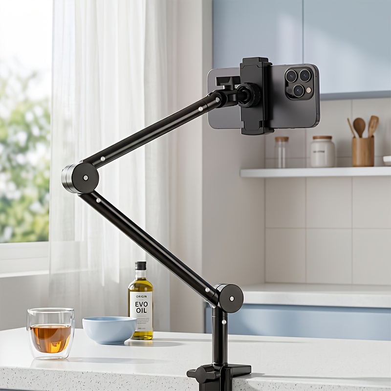 TEMU Support bras télescopique rotatif multi- pour téléphone, support réglable pour bureau et chevet, avec pince de téléphone réglable à 360°, adapté