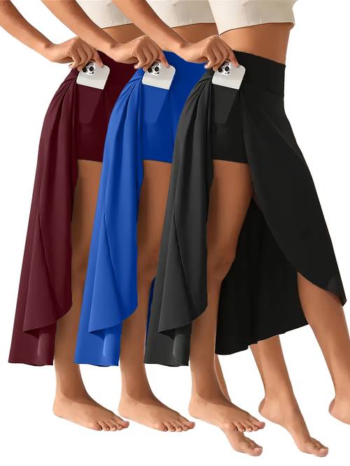 3pcs womens high waisted athletic asymmetrical split skirt calf flowy a line culottes with pockets fit stretchy fabric for running gym casual sportswear black blue red athletic skirts
