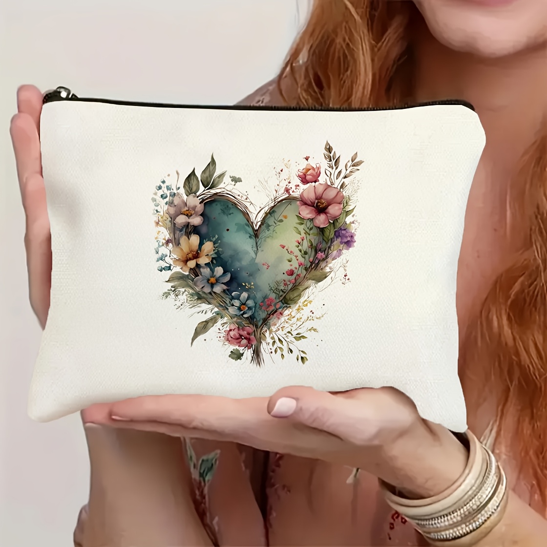 Floral And Heart Print Polyester Travel Makeup Bag With Zipper - Perfect Gift For Women, Sisters, Teen S, Daughters, Nieces, And , Ideal For Storing Cosmetics, Stationery, And Other Accessories