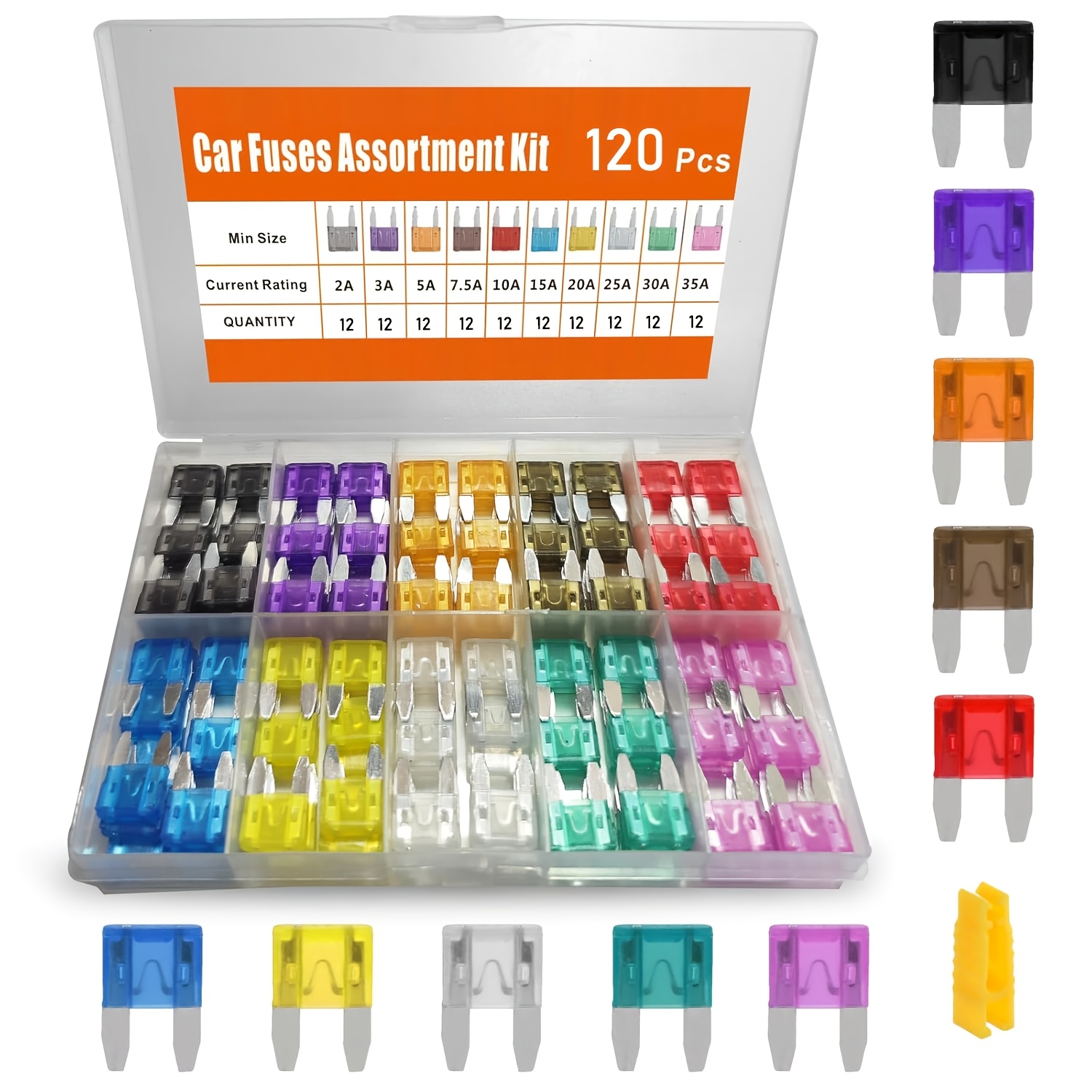 kit de 120 mini fusibles, fusibles de cuchilla automotrices con extractor, reemplazo de fusibles de     para camión, autocaravana,  , barco, rv,   (2a 3a 5a 7.5a 10a 15a 20a 25a 30a 35a)