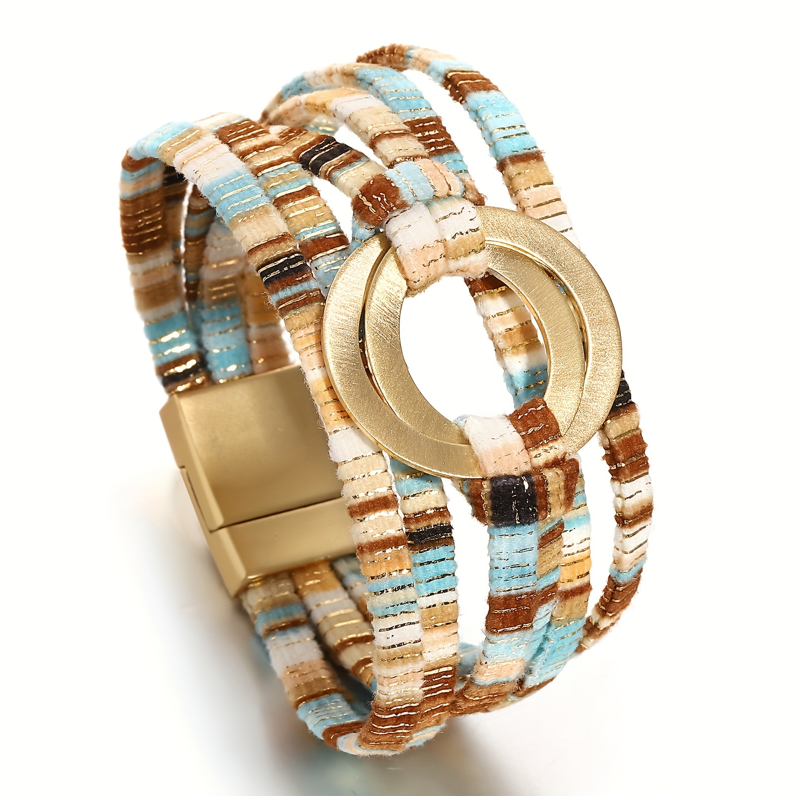 TEMU Boho Mixed-color Cord Bracelet - Alloy Double-circle Accents, Daily Wear Jewelry
