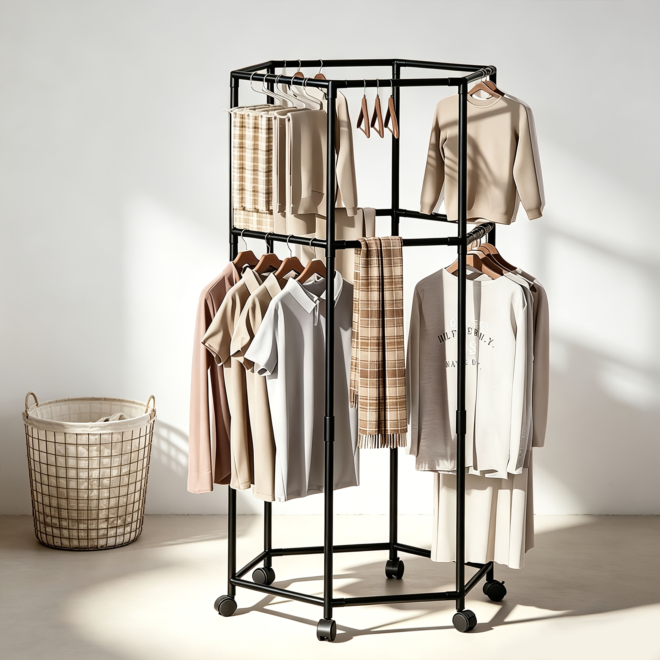 Rolling Rotating Hexagonal Hanger, 360-degree Movable Floor Hanger, Bedroom Freestanding Wardrobe Storage Rack, Heavy-duty Corner Hanger With Hanging Rod And Hooks