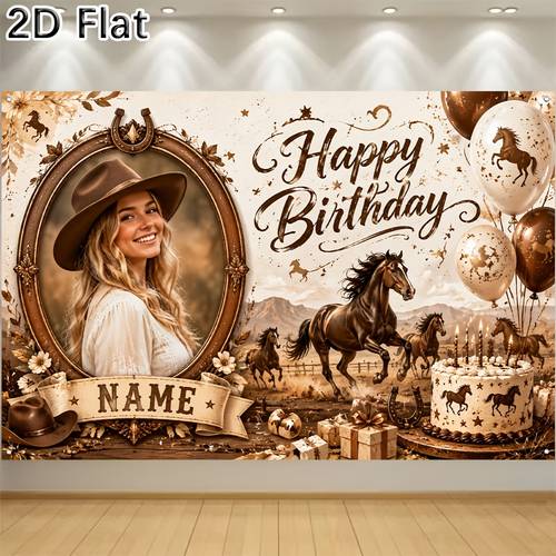 2D Flat, 1pc Themed Birthday Banner with Custom Photo/Name Backdrop - Personalized Horse Party Decorations Suitable for Indoor/Outdoor, Hanging Banner for Room Decor, Photo Booth Background, Name Tags, , 2D Flat