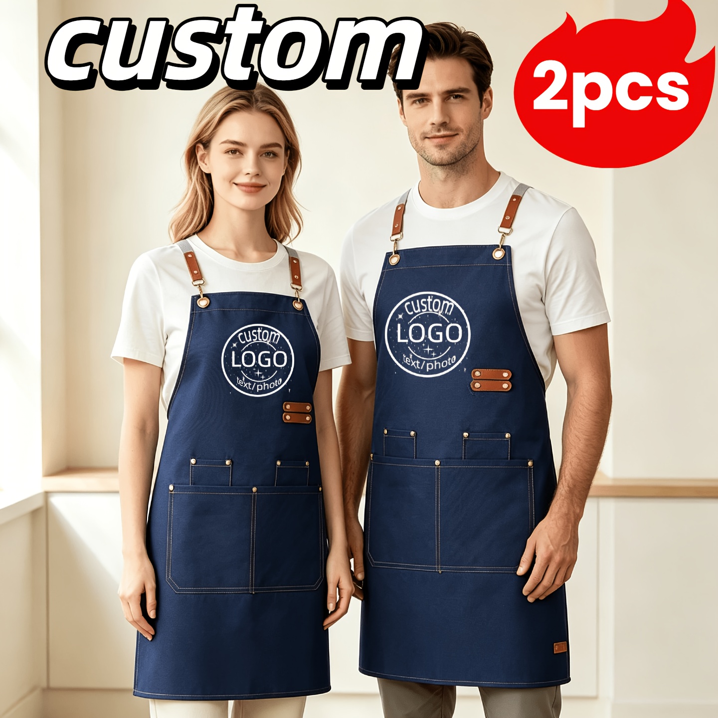 TEMU 2pcs Custom Aprons With Pockets, Adjustable Neck And Waist Straps, Personalized Name/logo/image, Heavy-duty Aprons, High-quality Durable