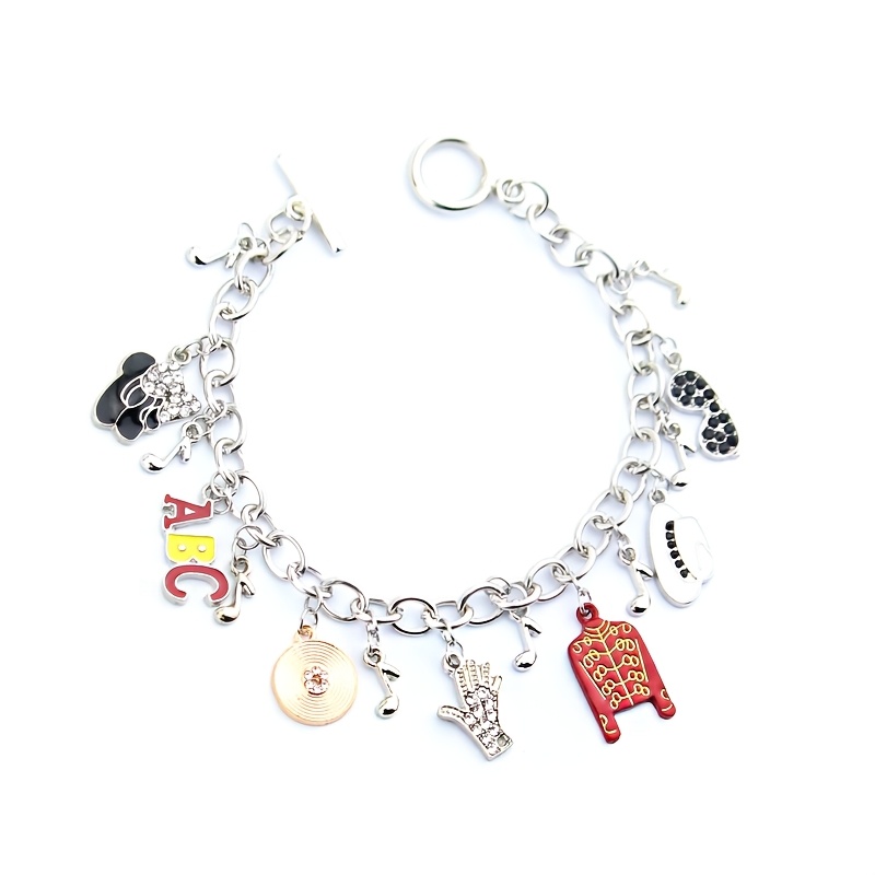 TEMU Pulsera de aleación con múltiples colgantes de temática musical, con dijes de nota musical, disco, guante y , cierre OT, joyería vintage, regalo