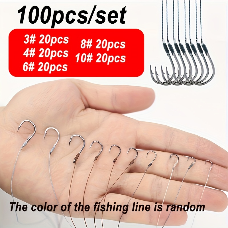 Image of 100pcs/set 3# 4# 6# 8# 10# Pre-tied Fishing Hooks With Leader Rigging(random Color), High Carbon Steel Hooks With Pe Line, Universal Size For Freshwater Fishing