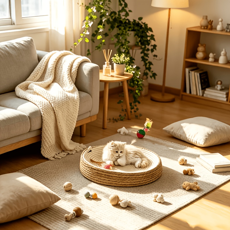 TEMU Panier à chat tressé circulaire avec oreilles de chat , de support de planche à gratter intégrée, planche à gratter à nœuds naturels, espace