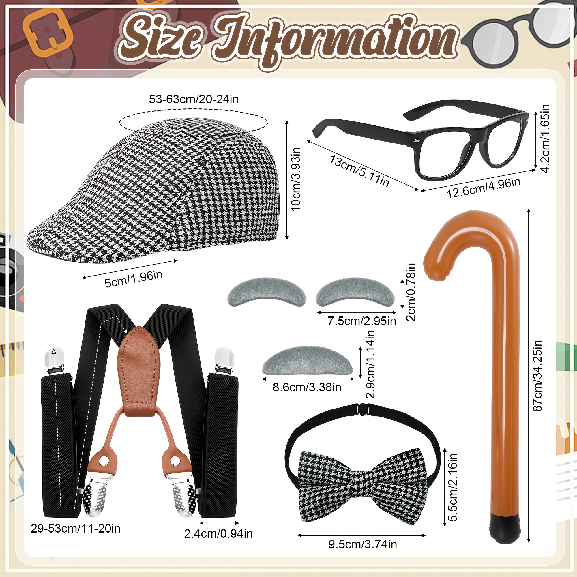 Horolam 7PCS Accessoires Costume Vieux Monsieur - Barbe Fausse, Lunettes, Canne