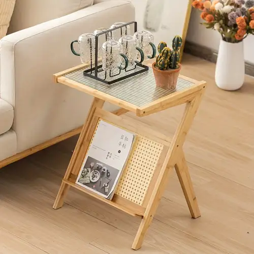Mesa de centro de cristal estilo simple rectangular con patas de madera,  mesa auxiliar para sala de estar, muebles para el hogar con estante (marrón