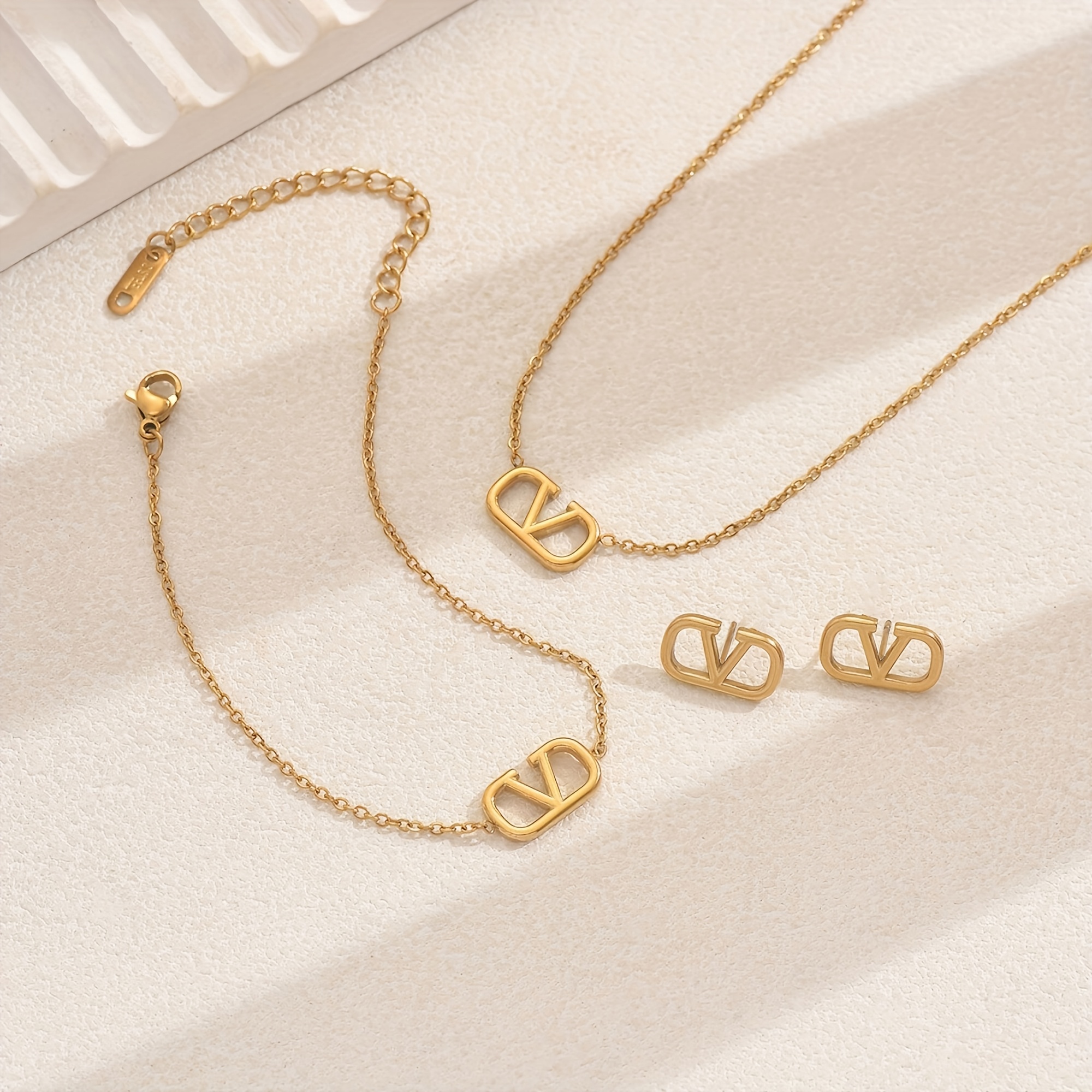 item picture 3pcs minimalist luxury v shaped earrings necklace and bracelet set   designed jewelry for womens collarbone additions