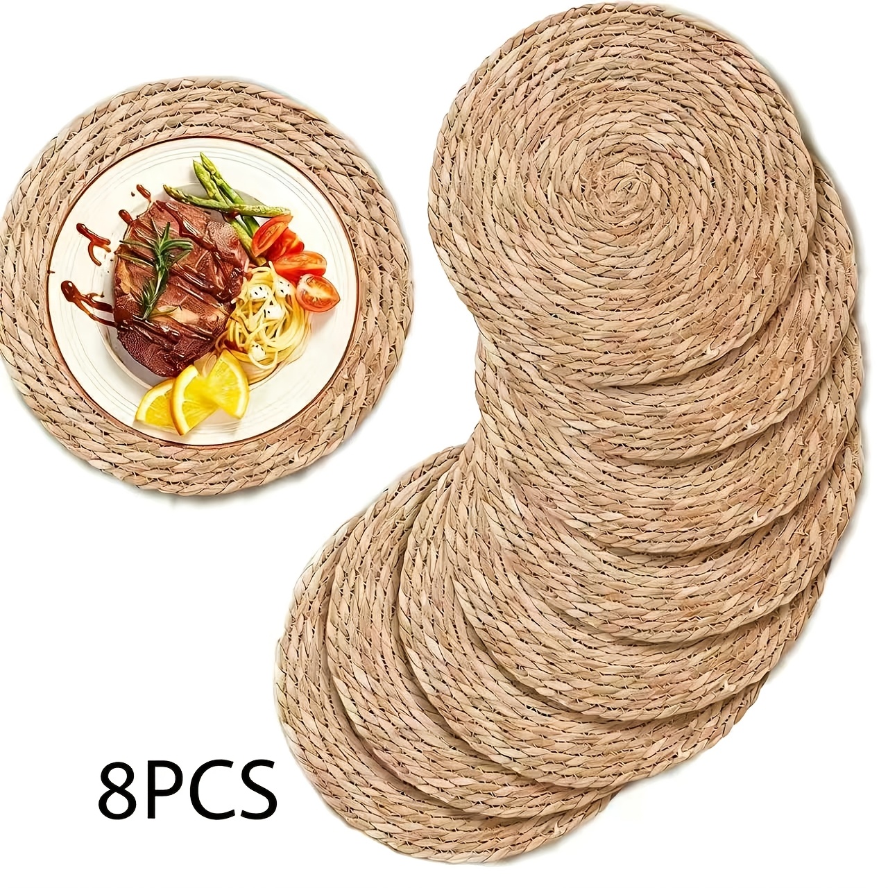 8pcs Rattan Placemats Suitable For Home, Wedding & Restaurant Table Setting - Rustic Grid Table Protectors, Wood, Round For Dining Table Decor, Christmas Gatherings, Hand Washable For Use