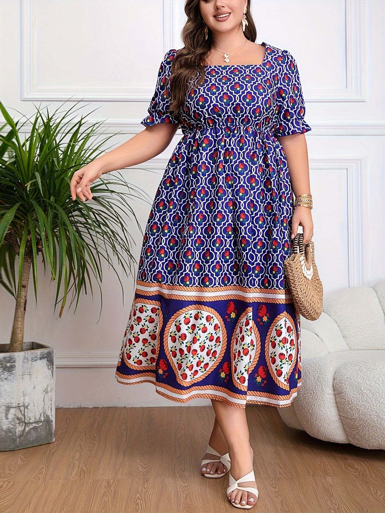 plus size floral print dress elegant short sleeve square - Temu South Africa