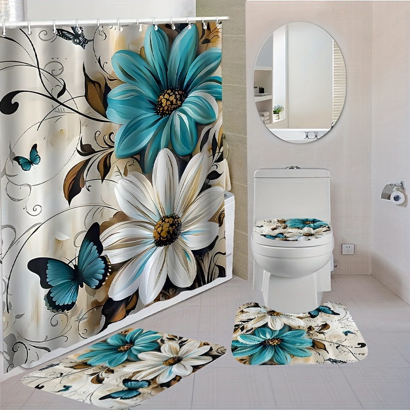 

Water-resistant Polyester Shower Curtain Set With Non-slip Bath Mat, Rugs, Toilet Cover, And 12 Hooks - Fashion Themed Woven Decor With Butterfly & , Machine Washable Bathroom Accessories Set