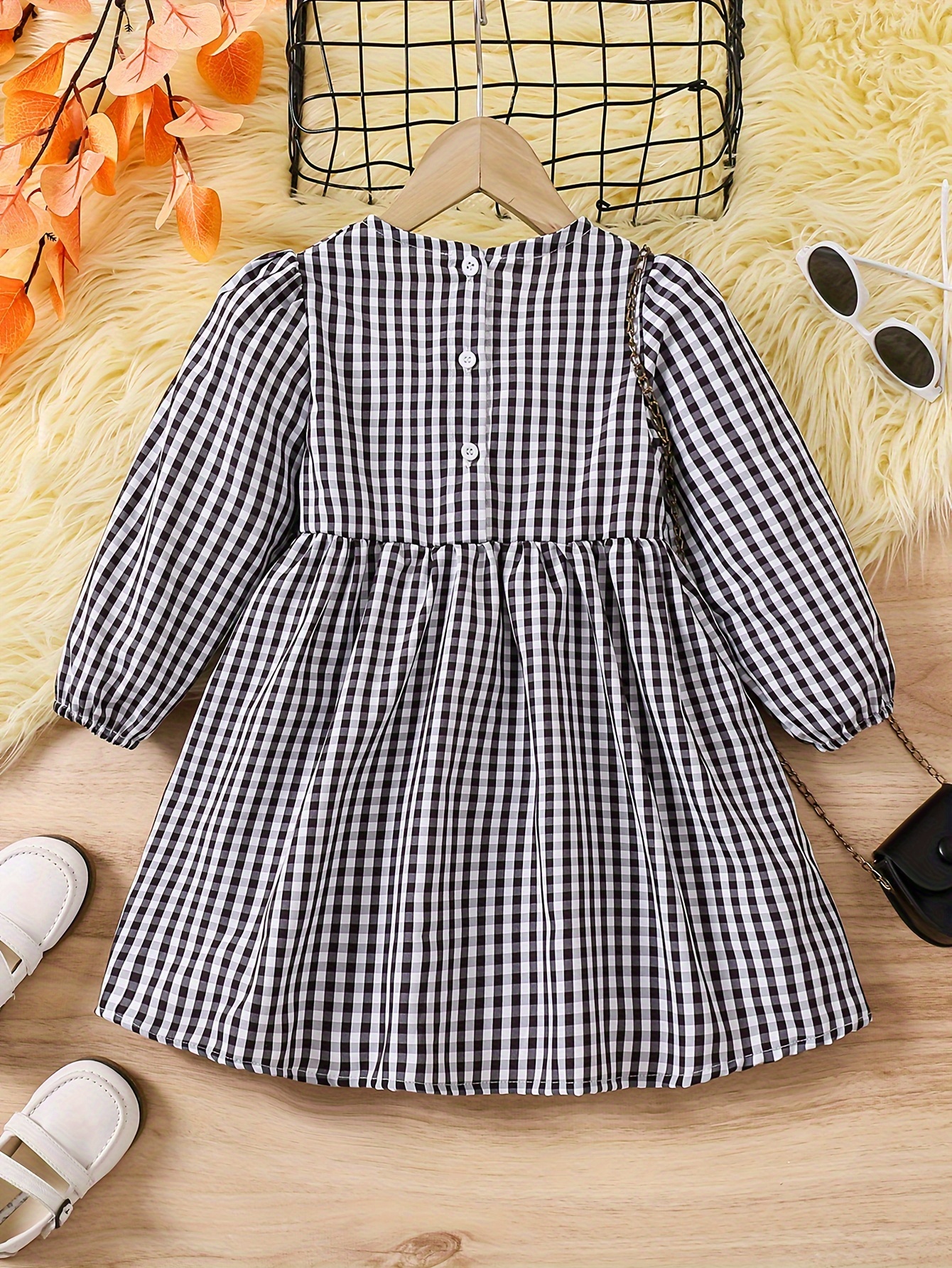 girls black white checkered long sleeve dress stylish - Temu