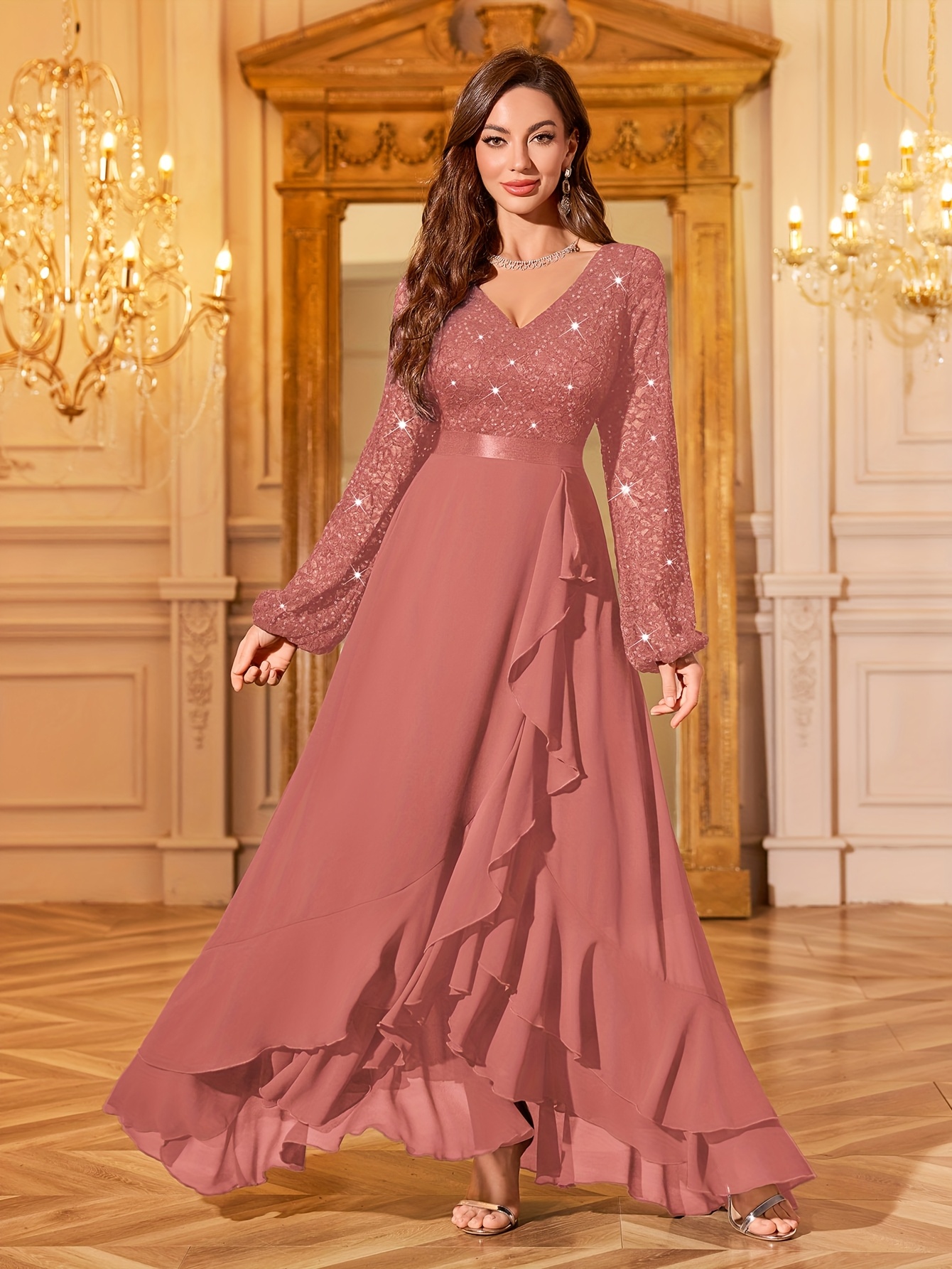 elegant v neck lace long sleeve gown sparkling Temu Italy