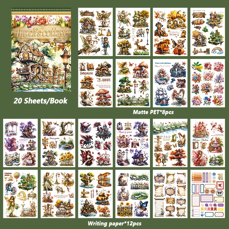 20sheets Large Size Waterproof Dual-material Elf Cottage Washi Pet Sticker House Stickers Set For Scrapbooking Junk Journal Planner
