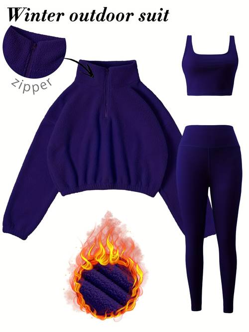 new solid color elastic yoga pants with fleece half zip hoodie set for running and fitness autumn winter sportswear three piece outfit no accessories