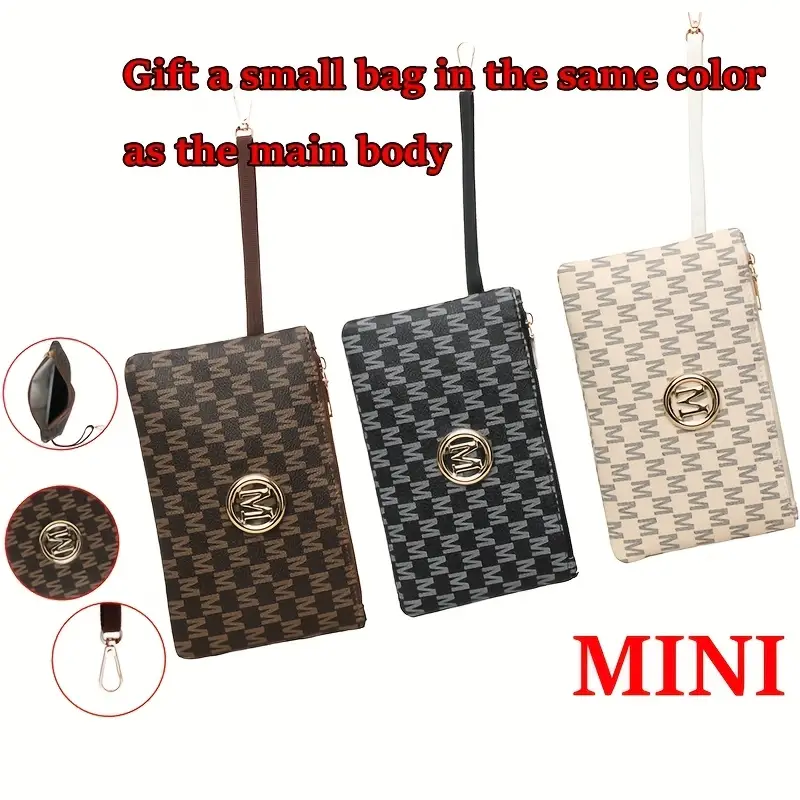 2pcs retro style letter print large capacity tote bag with fixed shoulder strap polyester lining very suitable for daily use and work commuting synthetic single shoulder bag metal chain belt included safety zipper closure polyester lining fashionable durable suitable for daily use everyday handbag fashion womens accessories polyester lining details 3