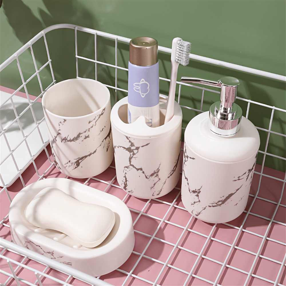 TEMU Ensemble de 4 pièces de luxe pour salle de bain, avec de marbre, comprenant une bouteille de lotion, un gobelet pour , un porte-savon et un