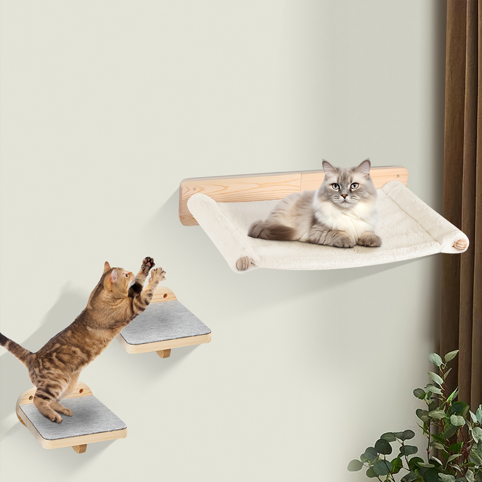 E-shop 3-teiliges Wandmontiertes Katzenbett & Treppenset, Platzsparendes Kletterregal mit 2 Stufen, Modernes Katzenmöbel für kleine Räume, 61x40x15cm