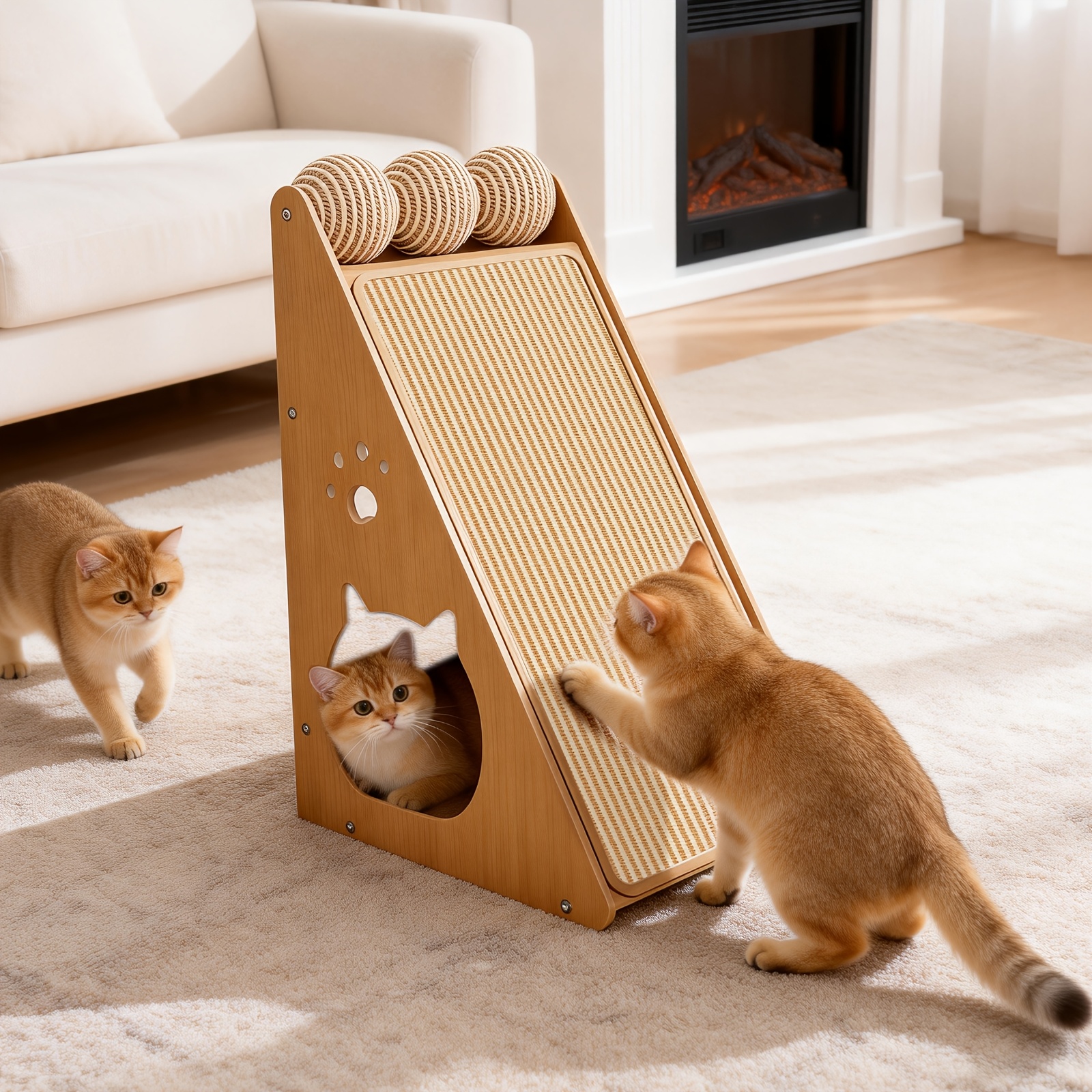 Image of Scratching Post And Bed With Sisal Rope And Toy Ball Set - Stable, Multifunctional Cat Condo And Toy - Integrated Design For Scratching, Resting, And Playing - A Happy Castle For Indoor Cats.