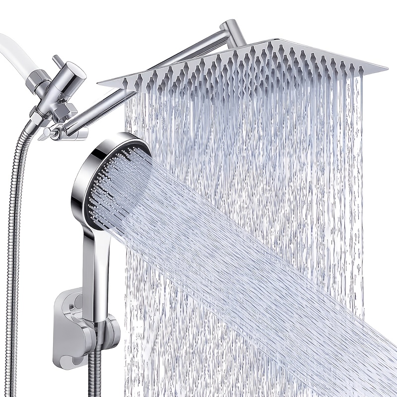 Shower Head, High Pressure Rainfall/Handheld Shower Combo with 13inch Extension Arm, Various Settings, Anti-leak Shower Head with Holder, Height/Angle Adjustable, Chrome, Matte Black