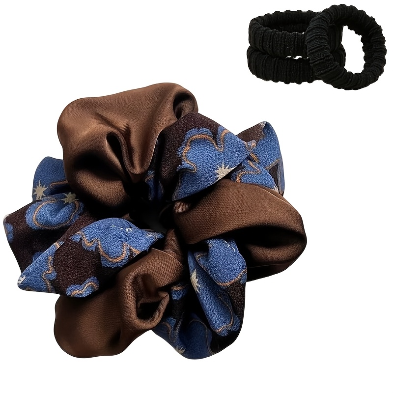 TEMU 4pcs Set (1pc Large Satin Printed Color-block Scrunchie And 3pcs Black Elastic Hair Ties), Fluffy Large Hair Ring Ponytail Fixing Hair Accessory