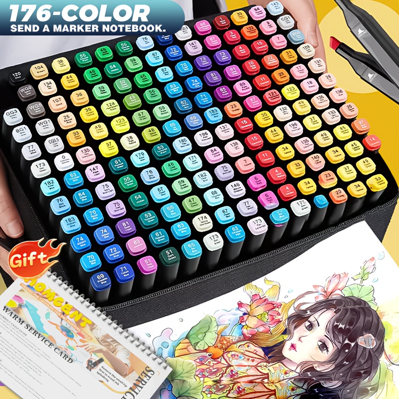 E-shop 176 Farben Doppelspitzige Kunstmarker + Zeichenbuch + Stofftasche, mit leuchtenden Farben glatter Spitze, ideal für professionelles Skizzieren,