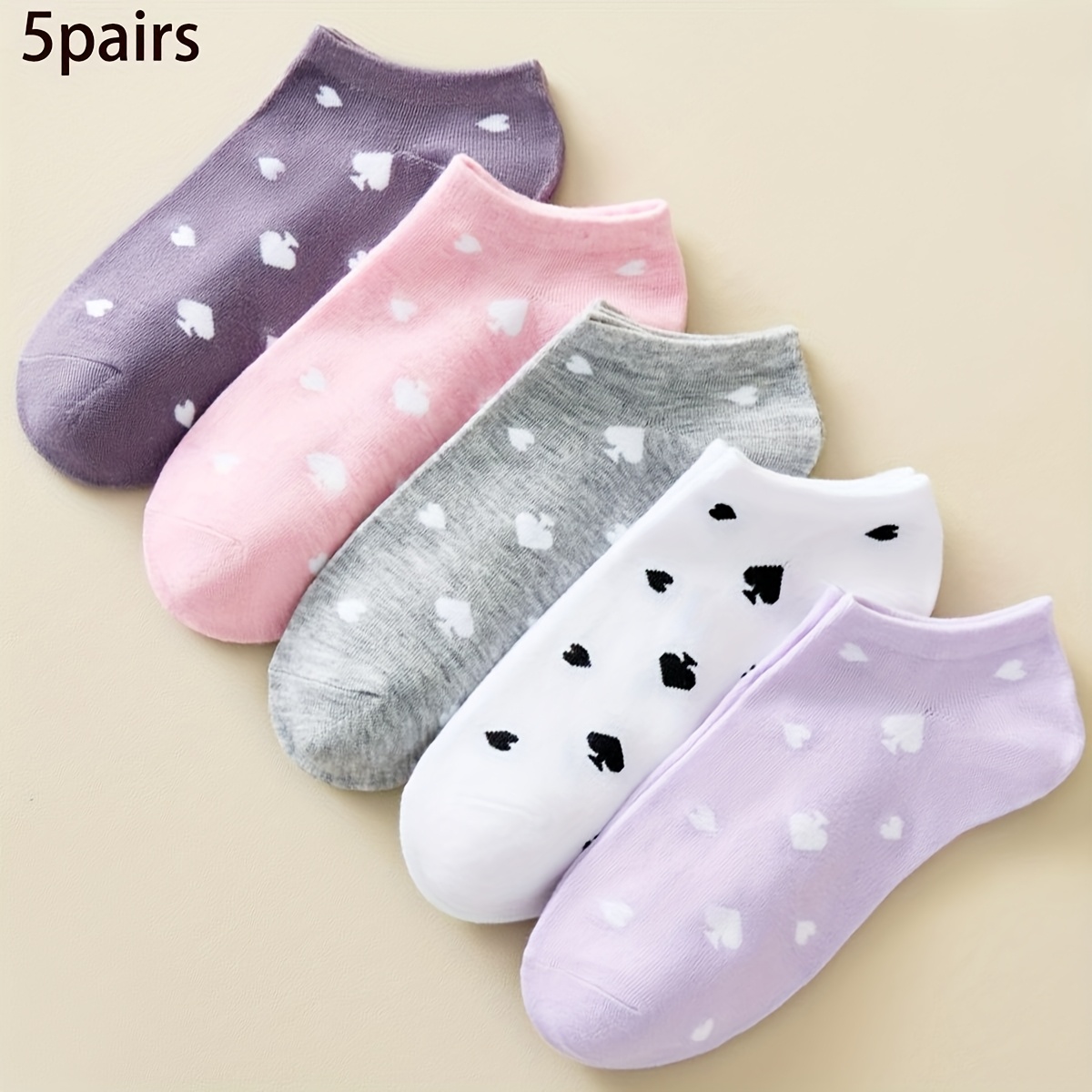 TEMU 5-pack Multicolor Heart-shaped Cute Women's Casual Ankle Socks, Fashionable, Comfortable, And Versatile For Summer And Autumn
