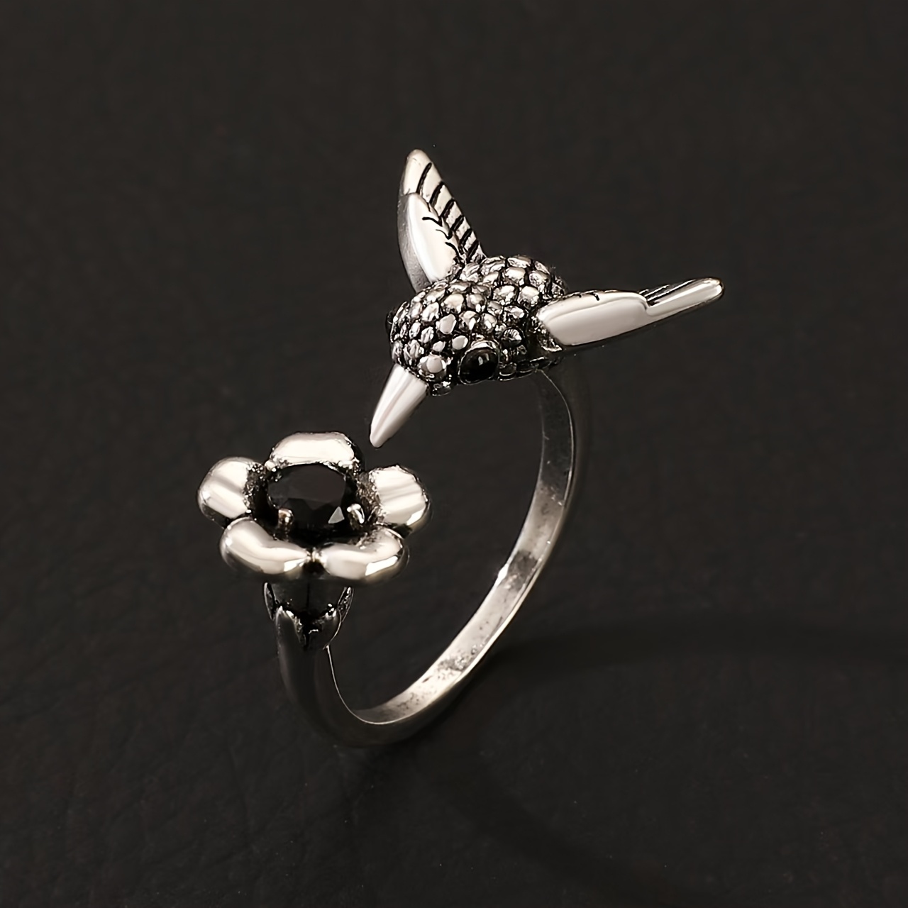 Image of A Silvery-plated Vintage Bird And Flower Copper Inlaid Zirconia Ring Is Suitable For Women' Wear