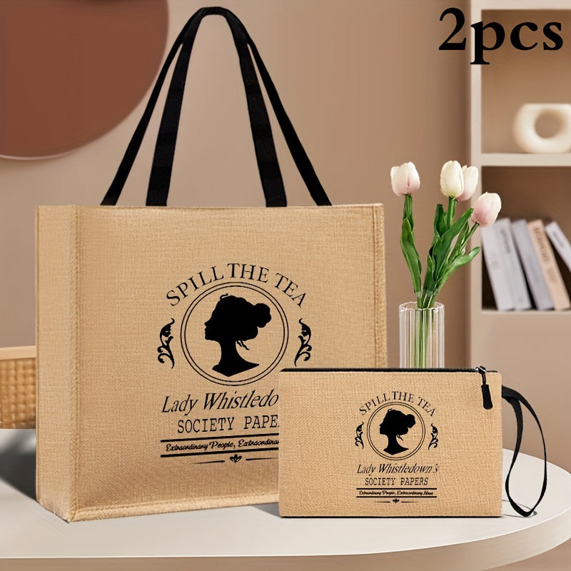 

2pcs "'s Society" Print Tote Bag & Purse Set, Lightweight And Durable Bag For Shopping And Travel Beach Outfits