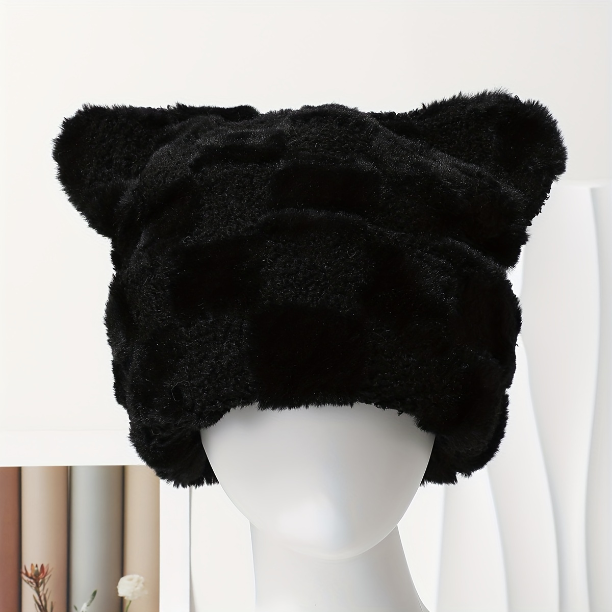 

Y2k Ears Beanie Hat, 100% Polyester Plush Cap With Ear Warmer, Fit, Hand Washable, Woven , Cute Checkered , Cozy Winter Cap | Design | Soft Texture, Cat Hat