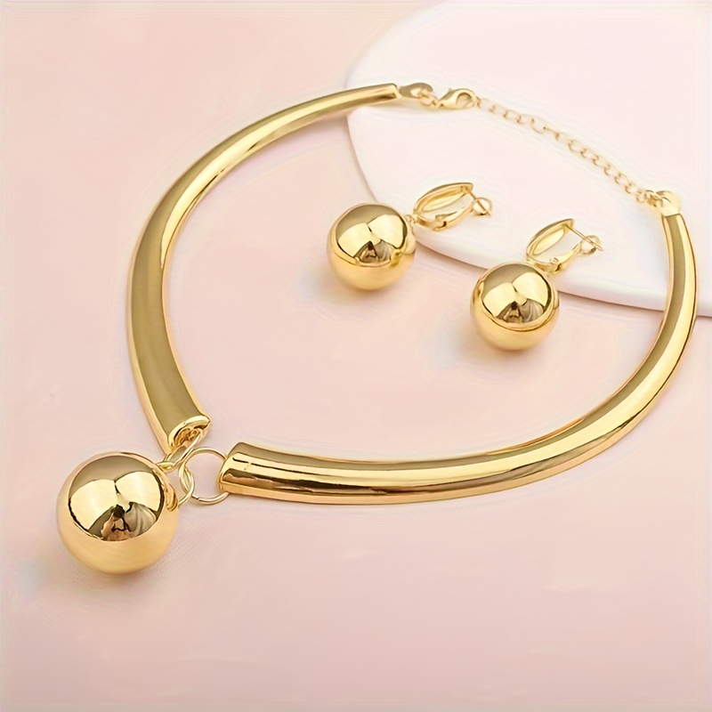 TEMU 1 Bohemian Style Jewelry Set: 18k Gold Plated Earrings And Necklace - Creative Spherical Design, Suitable For Daily Wear, Attending Banquets And Other Occasions, Away Exquisite Gift Boxes