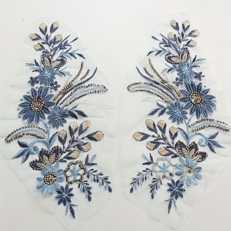 

Sequin Floral Lace Fabric Embroidered Applique Patches For Wedding Gown Decoration, Elegant Diy Dress Embroidery Iron-on Patches, Sewing Garment Backpack Denim Jeans T-shirt Accents