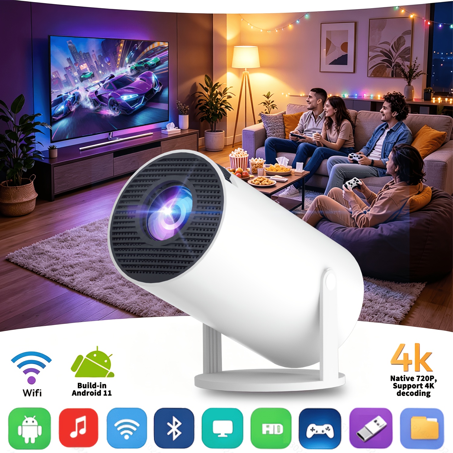 Portable Projector Featuring Local 1080p Resolution, 11 Os, Wi-fi 6 And Wireless 5.4 Support, 180° Rotation, And Built-in Netflix And Youtube Apps