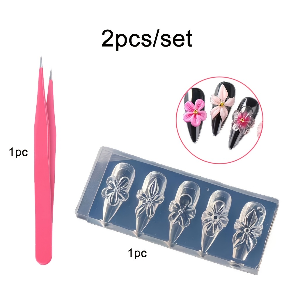 TEMU Juego de 2 moldes de uñas 3D con flores, plantillas de tallado de de e , para decoración de uñas con esmalte en gel de y verano
