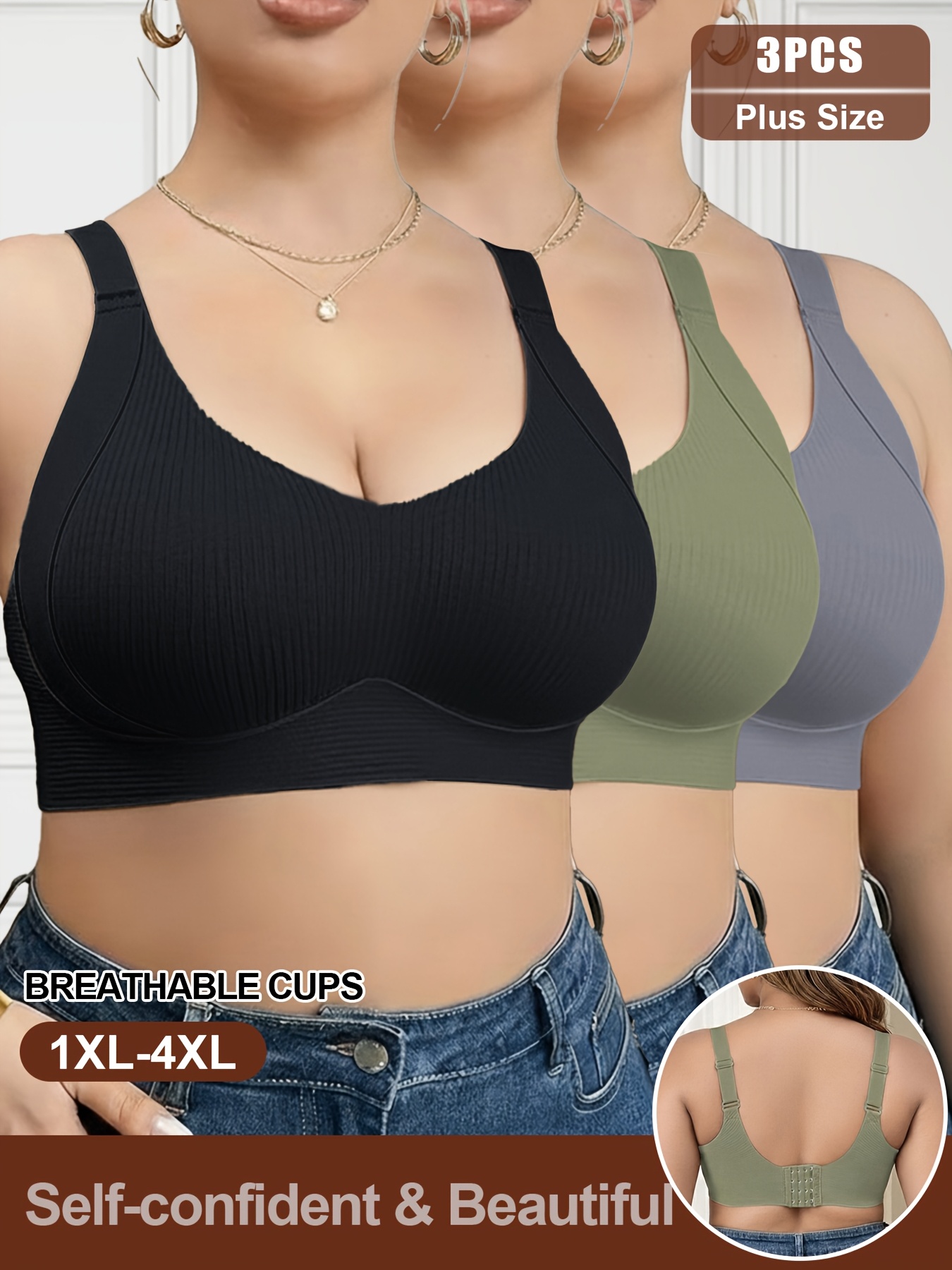 3pcs womens plus size seamless underwear high support wireless bra with padding wide straps comfortable lifting womens sports bra