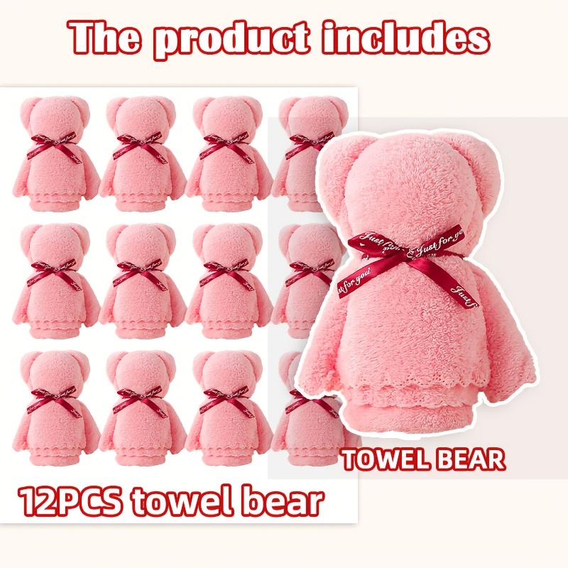 TEMU 12pcs Coral Fleece Bear Towels - Weddings, Face Towels, Birthdays, And Parties | Soft Absorbent Gift Idea, Thick Square Practical Cute Bear
