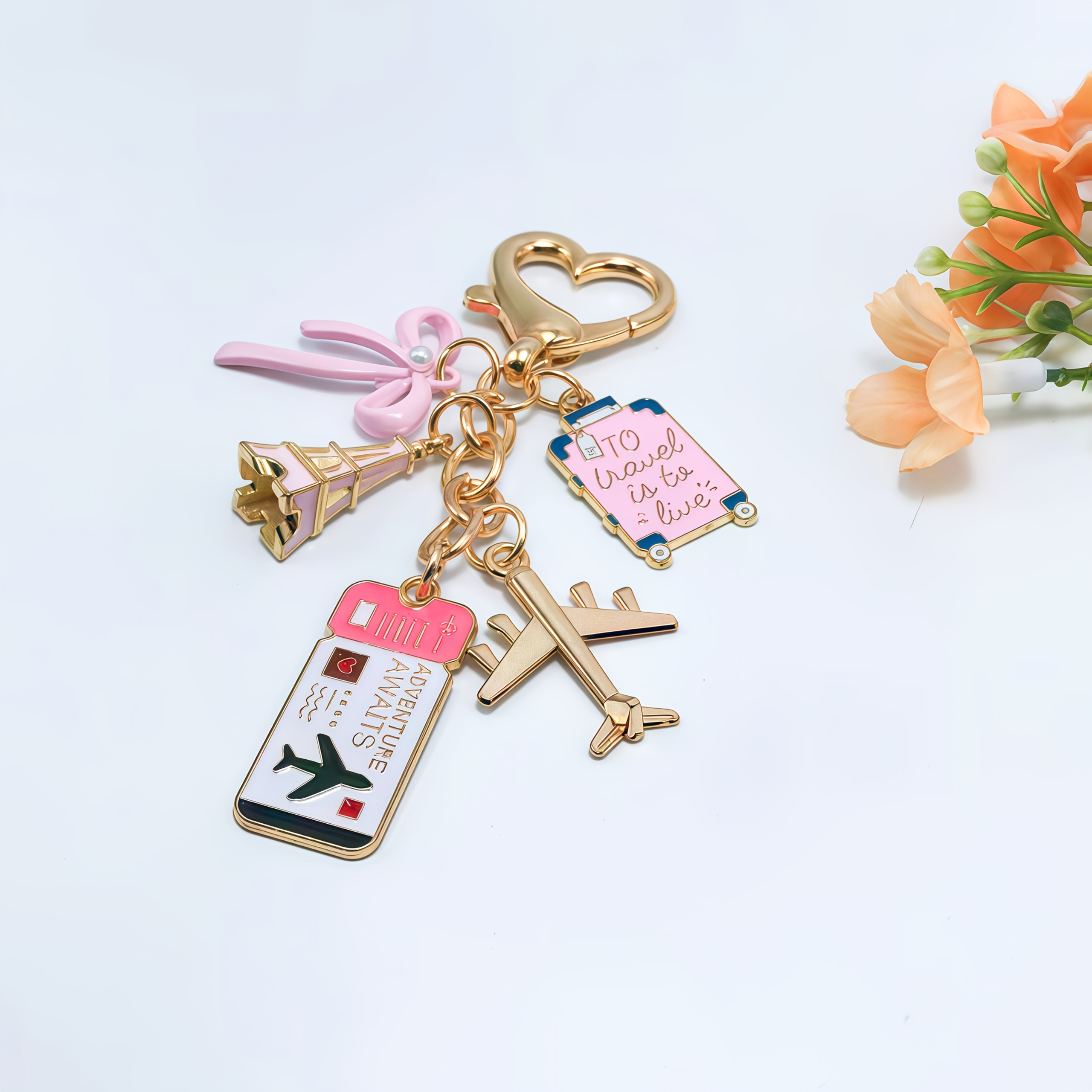 TEMU A Heart-shaped Clasp Airplane Passport Bow Keychain, Pink Keychain Pendant, Airplane Alloy Tower, Cute Bag Charm Keychain