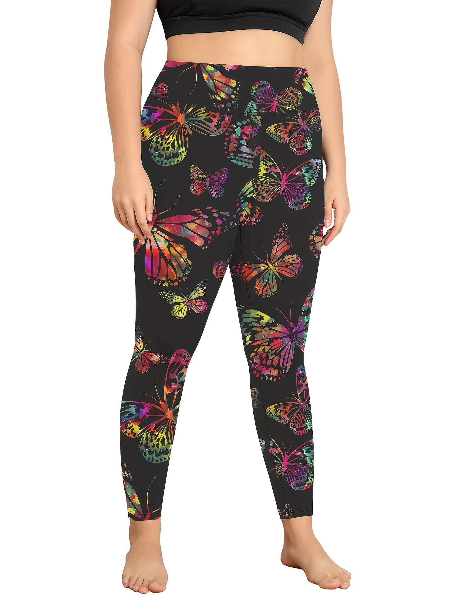 Plus Size High Waist Printed Leggings Colorful Butterfly - Temu