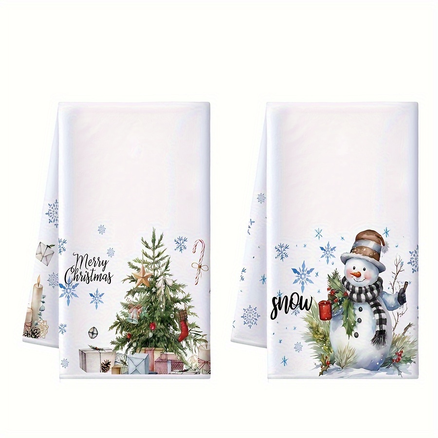 Image of 2pcs Christmas Kitchen Towel Set Christmas Dish Towel, Christmas Tree Snowflake Snowman Decoration Winter Watercolor Reindeer Towel, Suitable For Housewarming