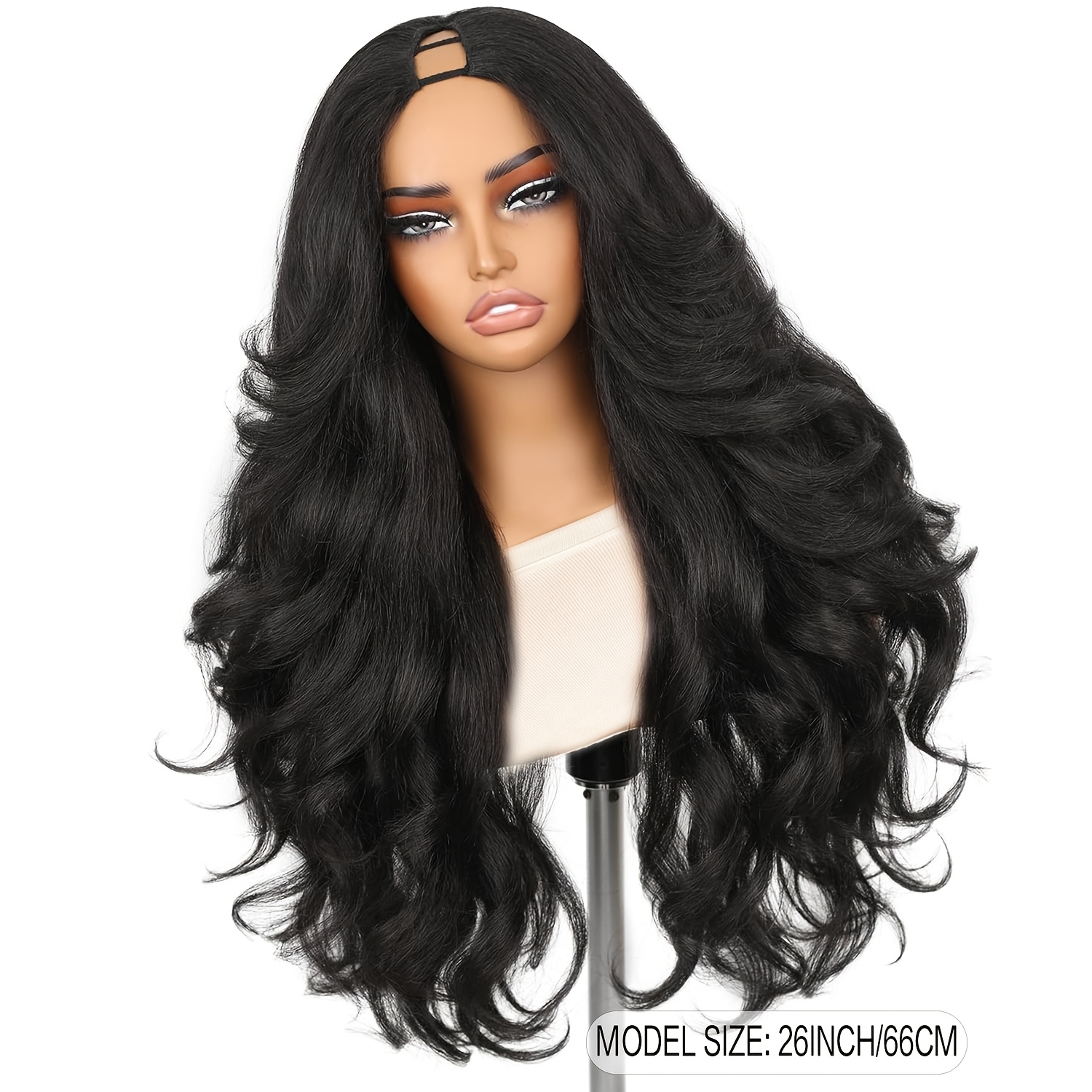 TEMU Perruque Bouclée 26 Pouces pour Femme, Colle, à en V/U, en Cheveux Synthétiques avec Boucles Retombantes Ondulées et Moelleuses, Résistante à la